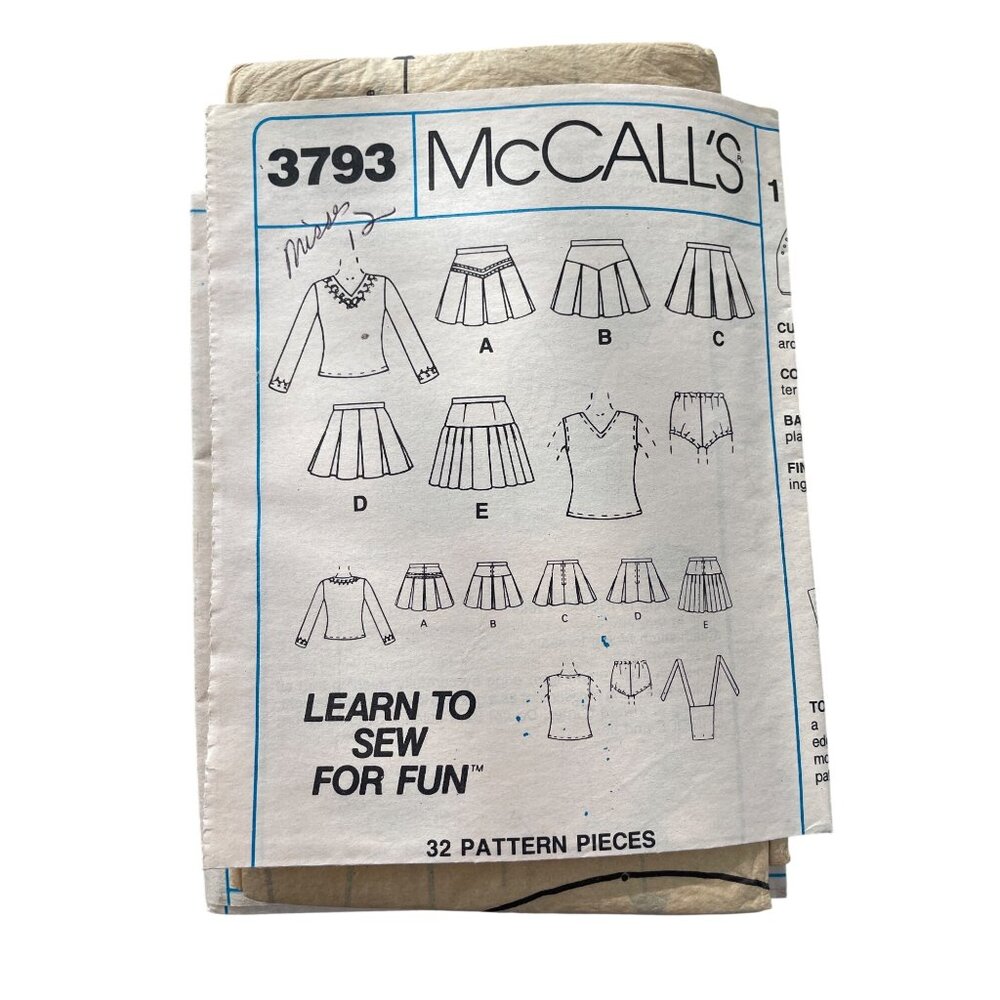 1988 McCalls 3793 Cheerleader Sewing Pattern Size 12 Miss Tops & Skirts Vintage